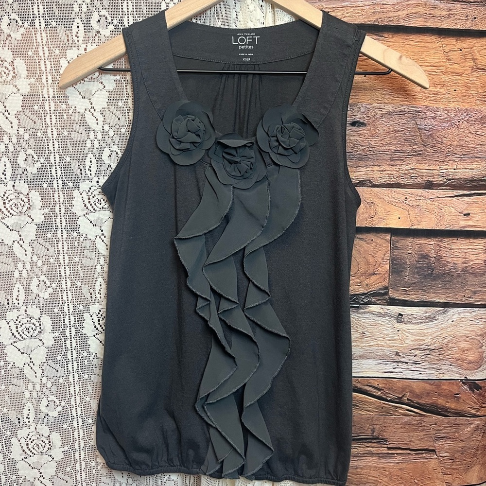 LOFT Cotton/Modal Sleeveless Top with Floral Ruffle Accents - Picture 2 of 7